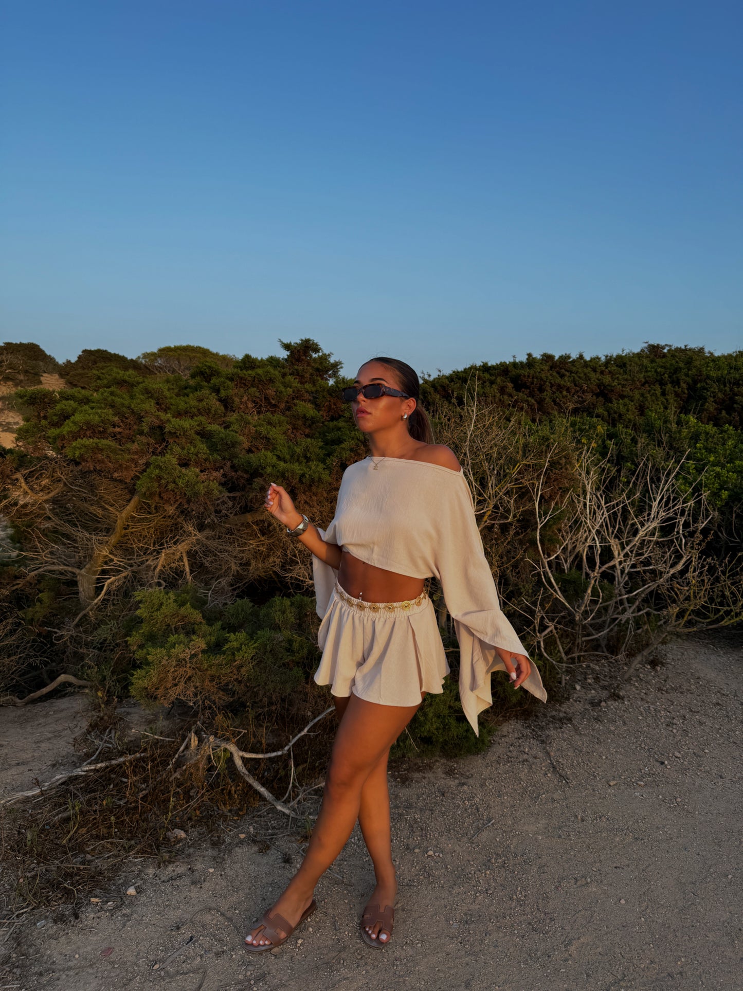 BOHO beige off the shoulder 2 piece short set