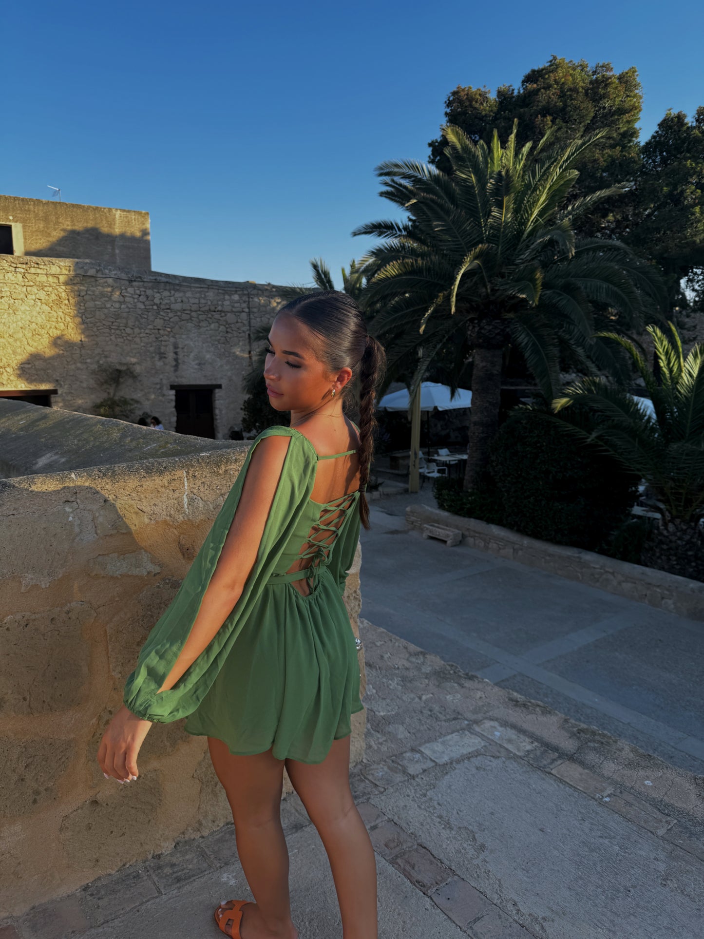 VIENNA green backless tie-up playsuit