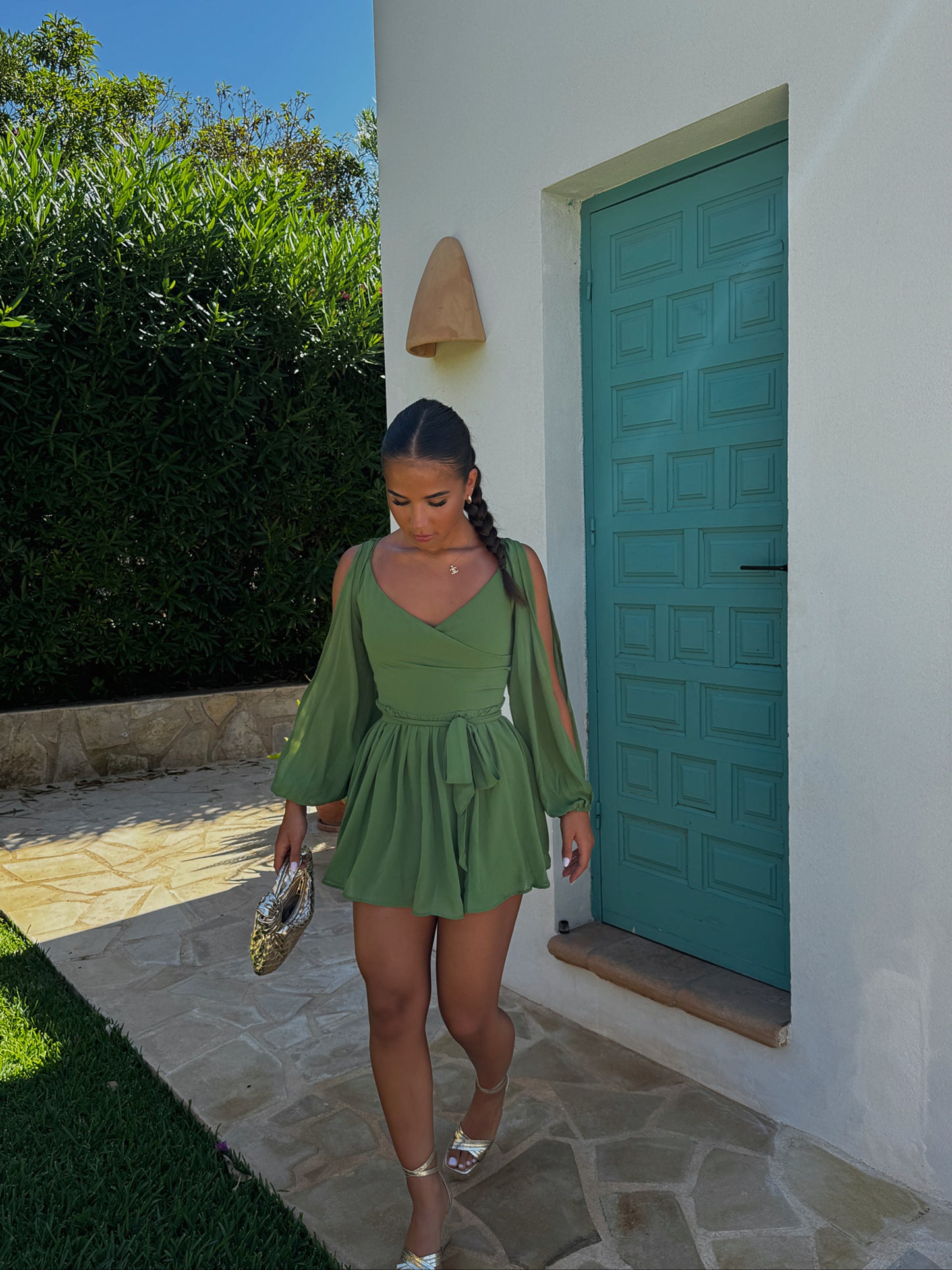 VIENNA green backless tie-up playsuit