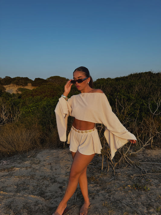 BOHO beige off the shoulder 2 piece short set